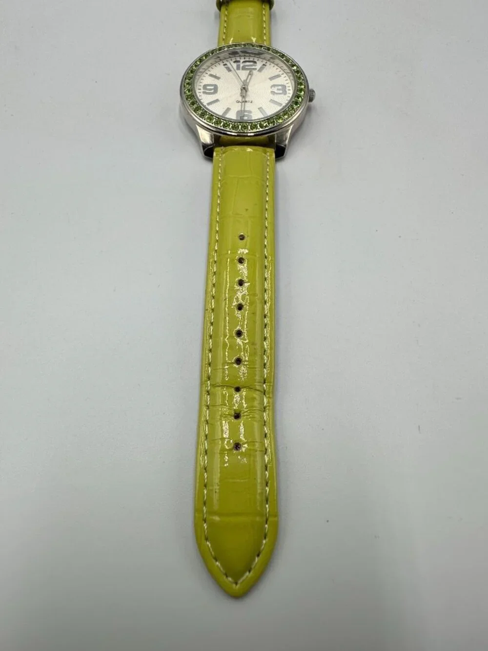 3/$30 Avon Watch Women Silver Tone Green Patent Faux Leather Band New Battery
